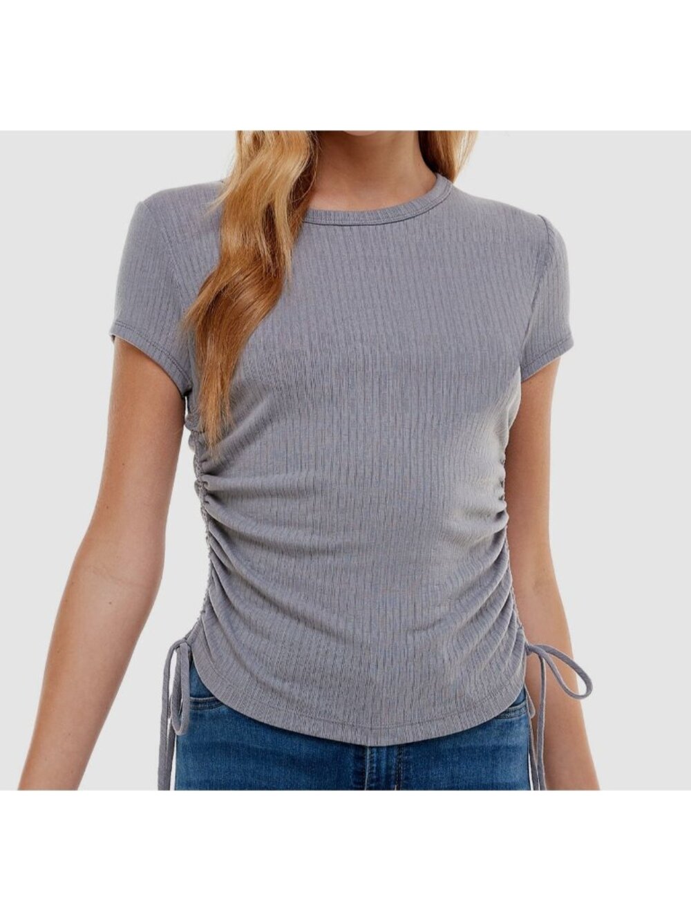 Kingston & Grey Juniors Pointelle Ruched Side Cap Sleeve Top Gray Medium NWT